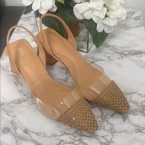 ZARA Raffia Nude Woven Pointed Slingback Heels
